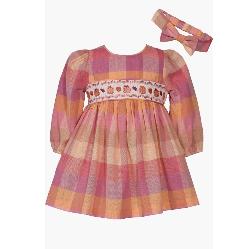 Iris & Ivy Plaid Pumpkin Embroidered Dress & Headband Set 12 Month NEW